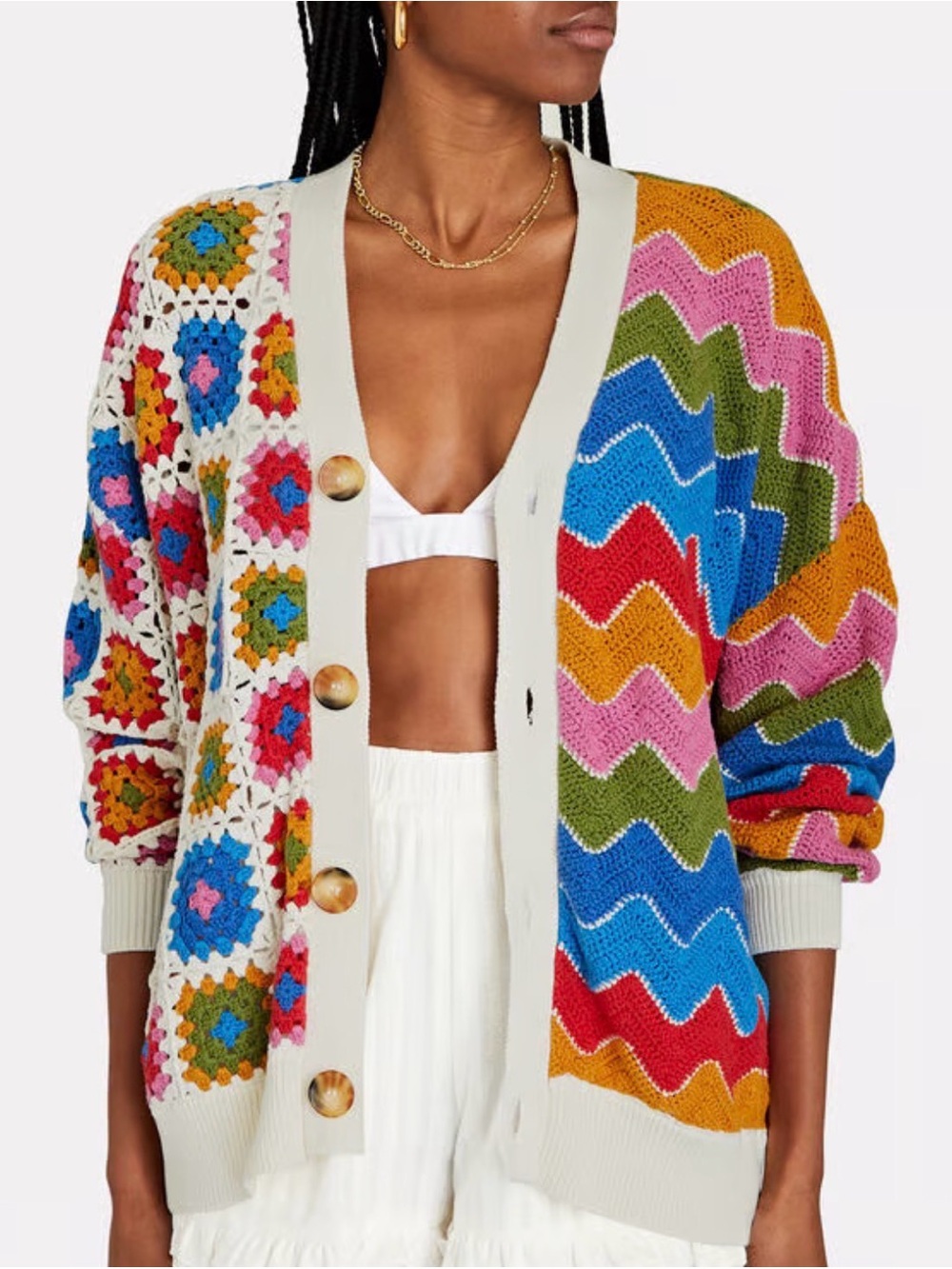 Farm Rio Colorblock Crochet Wave Cardigan Sweater - Multicolor